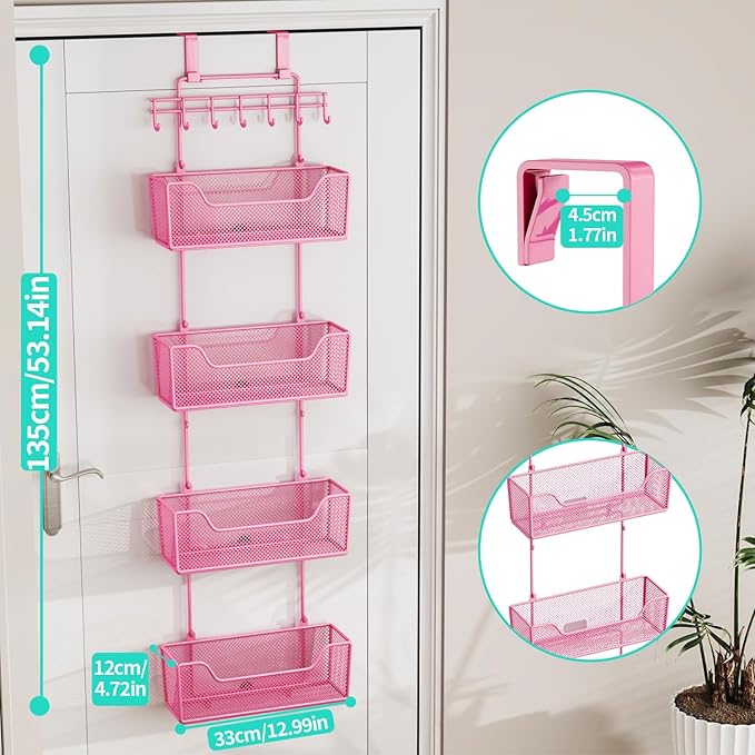 HapiRm Over Door Organizer Storage - Hanging Door Organizer with 4 Metal Large Capacity Baskets and Adjustable Coat Hook for Bathroom Bedroom Kitchen Pantry Closet Cabinet-NeatNest
