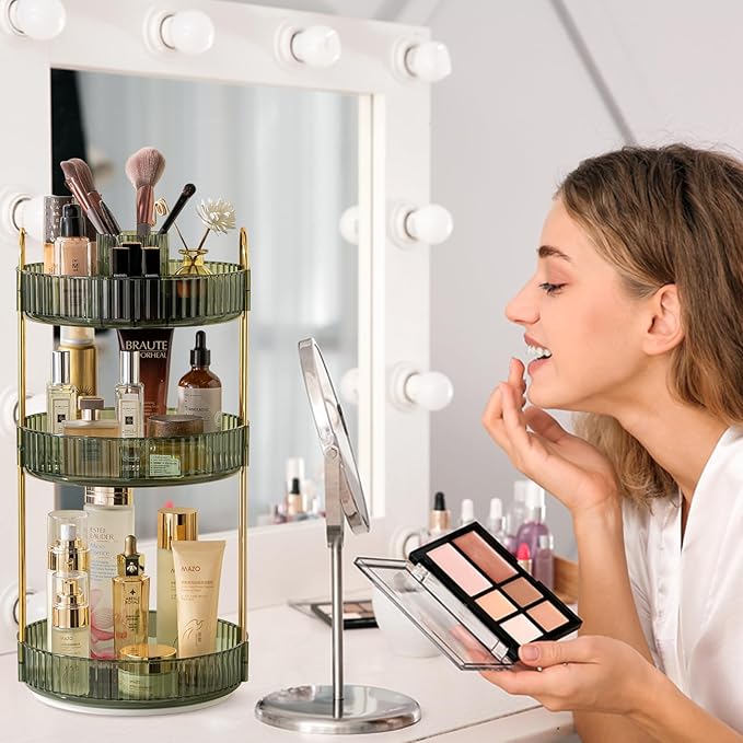 Rotating Makeup Organizer for Vanity, High-Capacity Skincare Clear Make Up Storage Perfume Organizers Cosmetic Dresser Organizer Countertop 360 Spinning (Green, New-3 Tier)-NeatNest