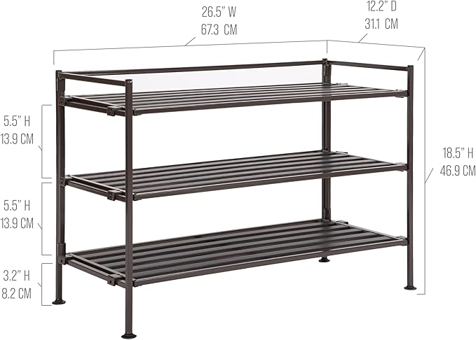 Seville Classics Sturdy Freestanding Storage Shelf for Bedroom, Closet, Entryway, Dorm Room Organizer, Stackable Durable Metal Shoe Rack, Espresso Slat, 3-Tier (2-Pack)-NeatNest