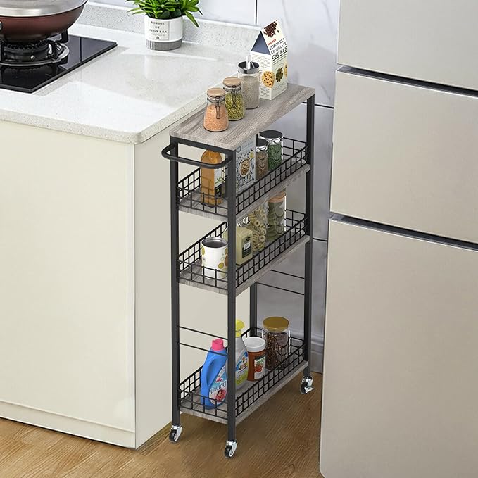 4 Tier Slim Storage Cart Narrow Laundry Cart on Wheels Utility Kitchen Rolling Cart with Wood Tabletop Mobile Shelving Unit Bathroom Storage Organizer Slide Out Rolling Tower for Narrow Spaces-NeatNest
