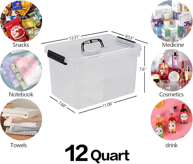 12 Quart Latching Storage Box, 4 Pack, Clear Plastic Organizer Bin with Handle