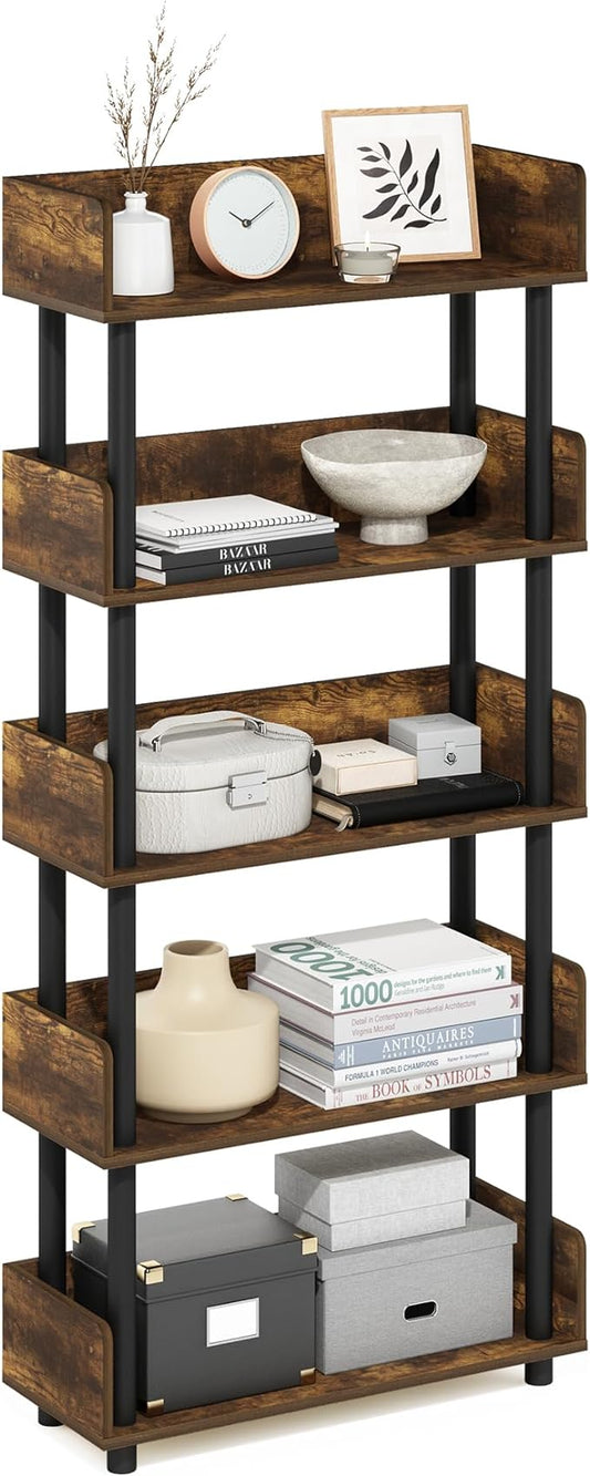 Furinno Turn-N-Tube 5-Tier Multipurposes Display Rack, Open Shelf Rack/Storage with Back & Side Panel, Amber Pine/Black-NeatNest