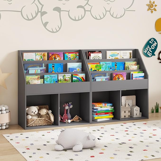 Costzon Kids Bookshelf, Wooden Toy Storage Cabinet Organizer w/Shelves, 2 Large Cubes & Anti-Tipping Devices, Children Bookcase Display Sling Book Rack for Kids Room, Nursery, Kindergarten (Gray)-NeatNest