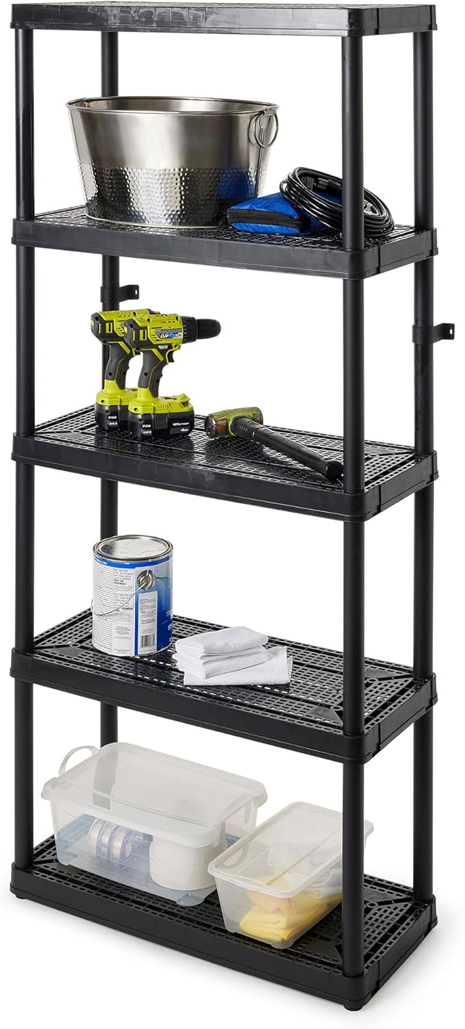Gracious Living 5 Shelf Fixed Height Ventilated Medium Duty Storage Unit 14 x 32 x 72" Organizer System for Home, Garage, Basement, & Laundry, Black