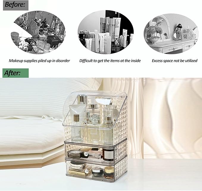 Stackable Clear Makeup Organizer Cosmetic Storage Box, Makeup Display Cases Skincare Organizer, Plastic Makeup Holder for Vanity, Bathroom, Cabinet, Desk Countertop (B)