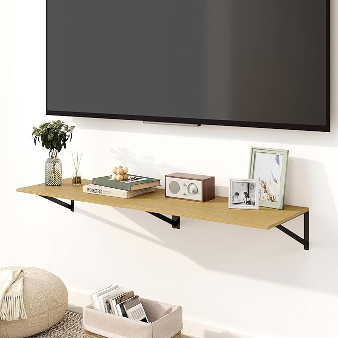 Fun Memories Floating Shelves for Wall, 12 Inch Deep Floating Shelves Set of 2, 24W x 12D Large Wall Shelf with Sturdy Metal Brackets for Living Room, Bathroom, Bedroom and Kitchen, Oak-NeatNest