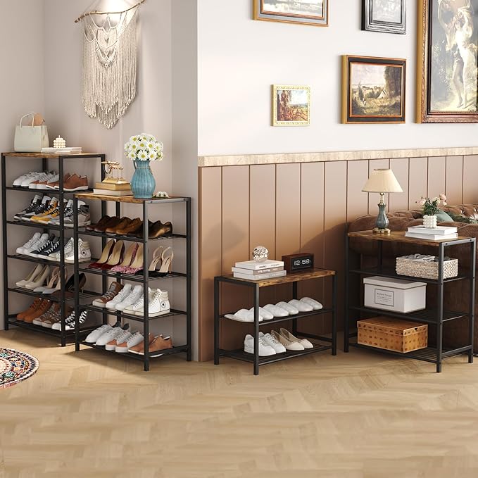 HOMEFORT 4-Tier Shoe Rack Organizer, Shoe Tower for Closet, Shoe Storage Shelf with MDF Top Board, Each Tier Fits 3 Pairs of Shoes, Entryway Shoes Organizer with Sturdy Metal Shelves, Rustic Brown-NeatNest