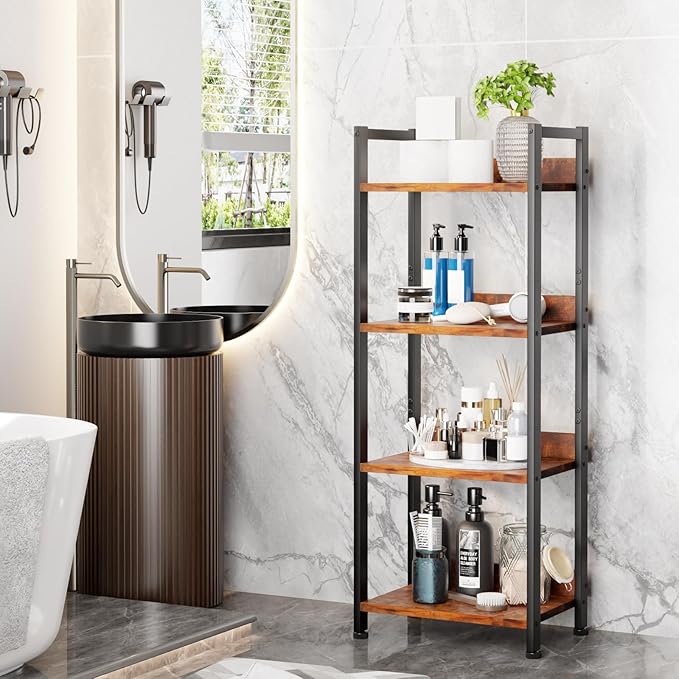 Furologee 4 Tier Bookshelf with Drawer, Tall Bookcase with Shelves, Narrow Bookshelves Storage Organizer, Wood and Metal Display Standing Shelf Unit for Bedroom, Living Room, Rustic Brown