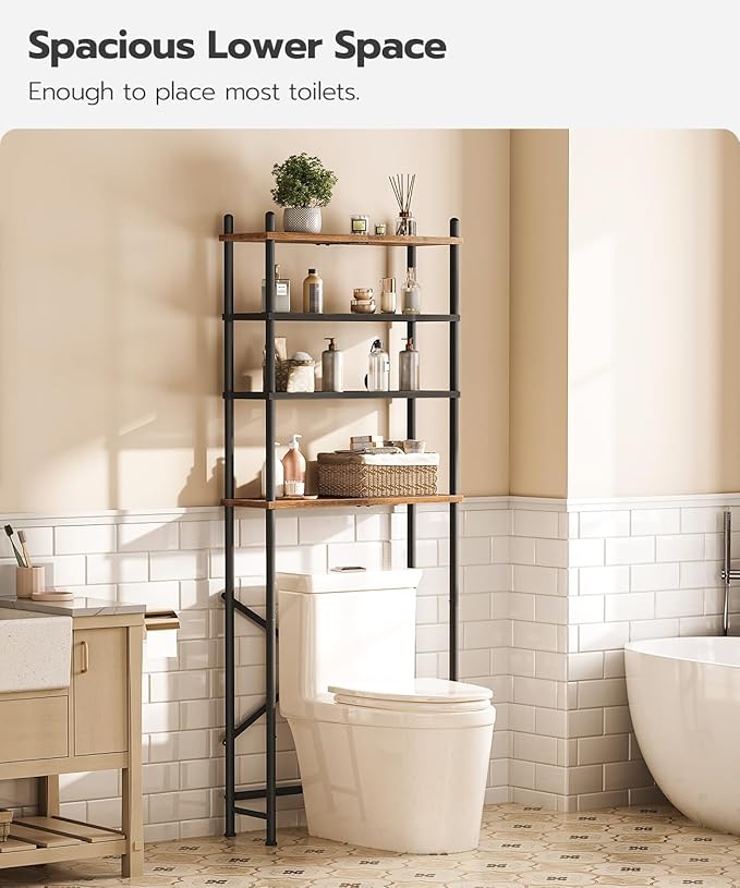 HOOBRO Over The Toilet Storage, 4-Tier Over Toilet Bathroom Organizer, Freestanding Above Toilet Shelf with Adjustable Feet, Space Saving, Easy to Assemble, Rustic Brown and Black BF64TS01