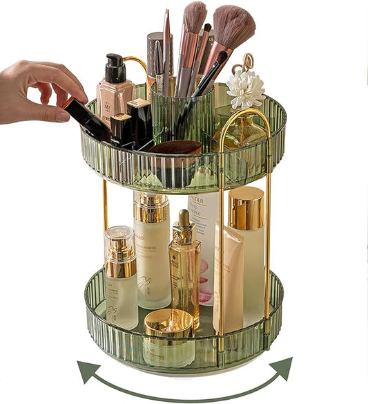 360 Rotating Makeup Organizer,2 Tier Large Capacity Make Up Organizers and Storage,Skincare Perfume Vanity Organizers,Bathroom Cosmetics Storage Organizer Countertop (Green)-NeatNest