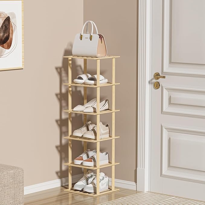 6-Tier Bamboo Shoe Rack - Vertical Shoe Rack for Small Spaces, Tall Narrow Shoe Rack Organizer for Closet Entryway Corner Garage and Bedroom,Free Stackable DIY，Primary Colours-NeatNest