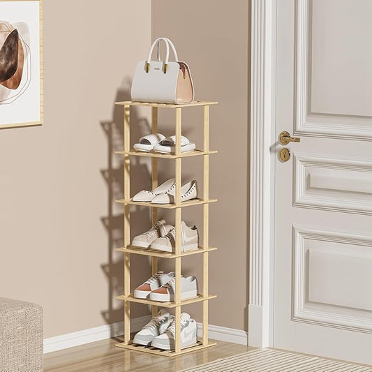 6-Tier Bamboo Shoe Rack - Vertical Shoe Rack for Small Spaces, Tall Narrow Shoe Rack Organizer for Closet Entryway Corner Garage and Bedroom,Free Stackable DIY，Primary Colours-NeatNest