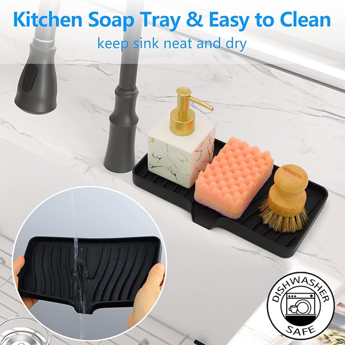 3-Pack Silicone Soap Dish, Sponge Holder for Sink, Kitchen Soap Tray, Bathroom Soap Holder, Sponge Tray with Drain (Black)-NeatNest