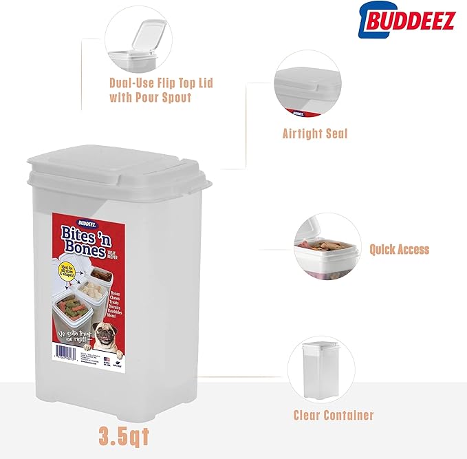 Buddeez Pet Treat Container for Dogs and Cats - 3.5 Quart Flip Top Storage Bin - Bites And Bones Design - Airtight Food Holder-NeatNest