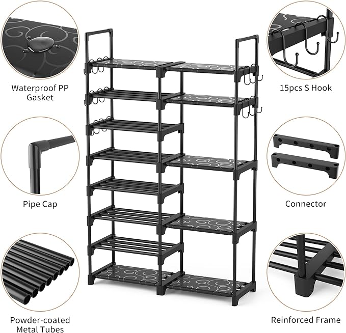ROJASOP Shoe Rack Organizer, 8-Tier Metal Shoe Rack for Closet Entryway Garage, 26-32 Pairs Tall Shoe Boot Storage Shelf with 15 Hooks, Stackable Large Shoe Stand-NeatNest