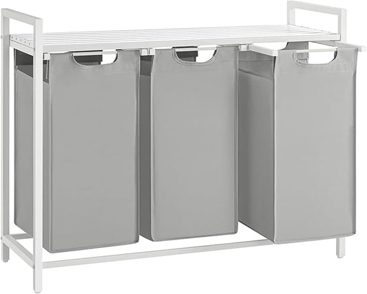 VASAGLE Laundry Hamper, Laundry Basket, Laundry Sorter with 3 Pull-Out and Removable Bags, Shelf, Metal Frame, 3 x 10.6 Gallons (40 L), 36.4 x 13 x 28.4 Inches, Dove Gray and Cloud White UBLH301W03-NeatNest