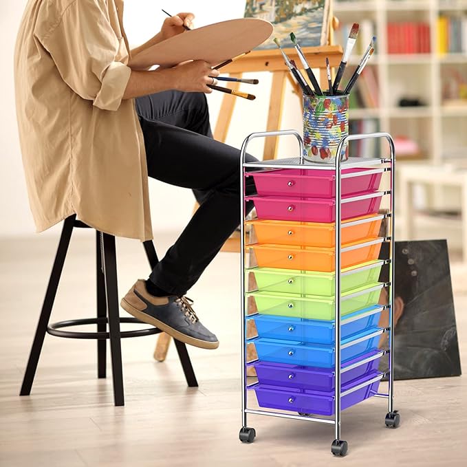 COSTWAY 10-Drawer Rolling Storage Cart, Utility Mobile Trolley with Removable Drawers & Universal Casters & 2 Brakes, Versatile Flexible Drawer Organizer Cart for Home, Office (Rainbow)-NeatNest