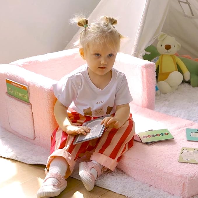 ALIMORDEN 2-in-1 Flip Out Cuddly Sherpa Toddler Couch Convertible Sofa to Lounger, Pink-NeatNest