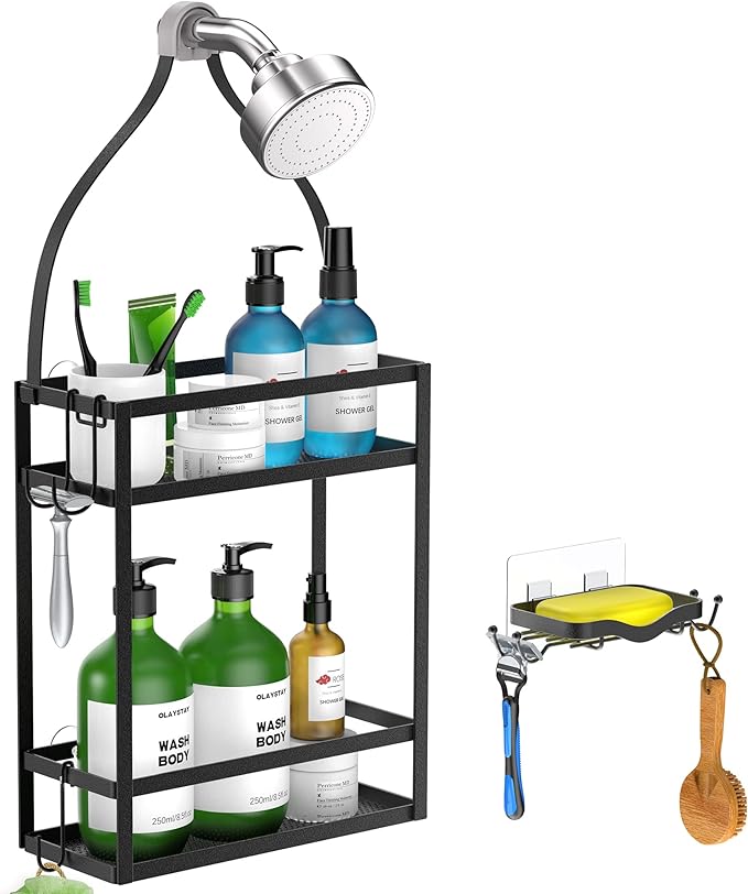 Meangood Shower Caddy Organizer with Soap Holder,Mounting Over Shower Head Or Door,Extra Wide Space for Shampoo, Conditioner, and Soap with Hooks for Razorsand More, Matte Black