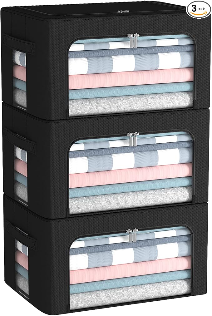 3Pack Frame Storage Box - Clothes Storage Bin Bags Oxford Fabric Foldable Stackable Container Organizer Set with Clear Window & Carry Handles (Black, Small-22L)-NeatNest