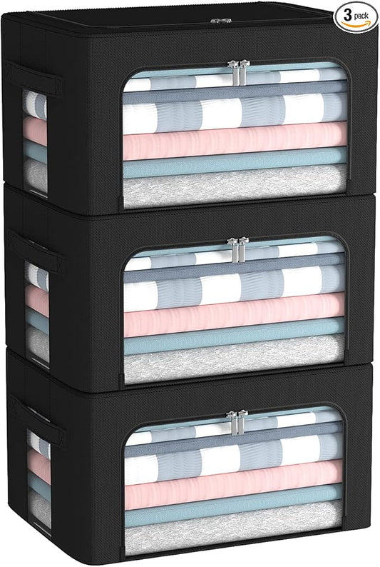 3Pack Frame Storage Box - Clothes Storage Bin Bags Oxford Fabric Foldable Stackable Container Organizer Set with Clear Window & Carry Handles (Black, Small-22L)-NeatNest