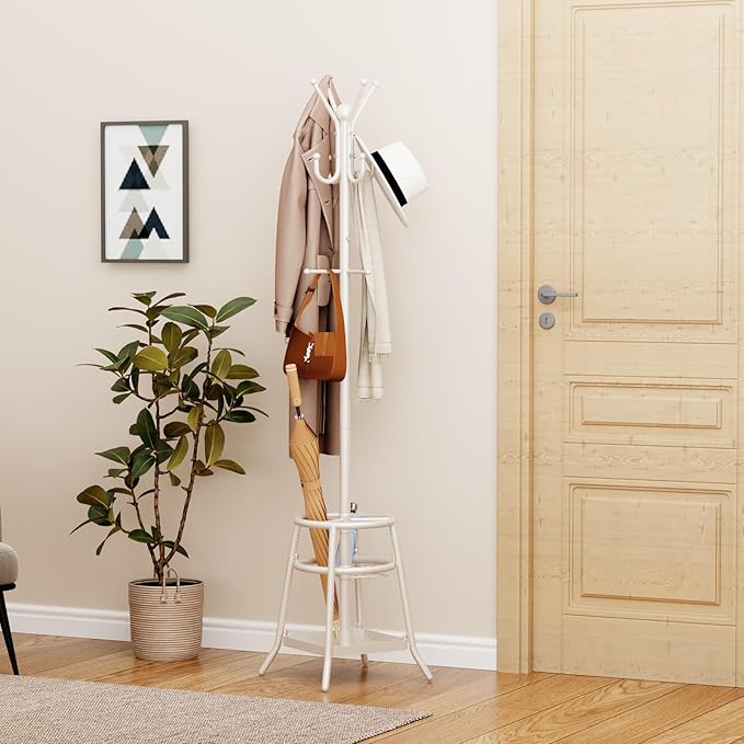 Heavy Duty Freestanding Coat Rack with 12 Hooks & Umbrella Holder - White Metal Clothes Hat Sturdy Standing Hall Tree for Entryway, Living Room, Bedroom, Office Organization (White)-NeatNest