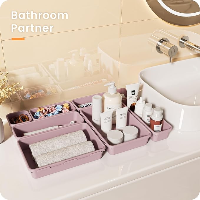 A-LuGei 【28PCS】 Drawer Organizer, Bathroom Organizers and Storage, Makeup organizer, Desk drawer organizer, Storage Bins for Kitchen Office Bedroom Vanity Jewelry Pantry Garage【Purple】【4Size】-NeatNest