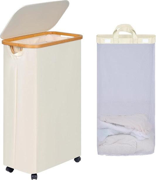 efluky Slim Laundry Basket with Wheels, Narrow Rolling Laundry Hamper with Lid and Removable Bag, Aesthetic Dirty Clothes Hamper on Wheels for Laundry Room, Bedroom, Dorm and Bathroom, 75L Beige-NeatNest
