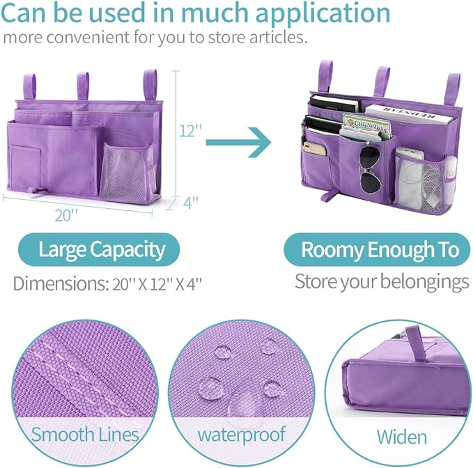 Bseash Bunk Bed Organizer, Bedside Caddy Hanging Bed Organizer Storage Bag 8 Pockets, for College Dorm Rooms Bed, Hospital Bed, Baby Bed Rails, 600D Oxford Cloth (Purple)-NeatNest