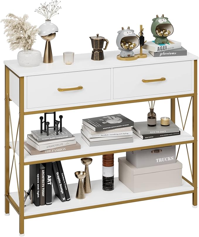 HITHOS Industrial Console Table with Drawers, Vintage Hallway Foyer Table with Storage Shelves, Narrow Long Sofa Entryway Table for Living Room, White/Gold-NeatNest