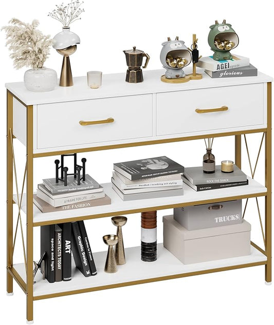 HITHOS Industrial Console Table with Drawers, Vintage Hallway Foyer Table with Storage Shelves, Narrow Long Sofa Entryway Table for Living Room, White/Gold-NeatNest