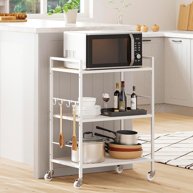 3-Tier Metal Storage Rack with Industrial Wheels,Mesh Shelving Unit with Wooden Table top,Adjustable Shelf,23.6-Inch Width,15.8-Inch Depth, for Kitchen, Laundry,Pantry,Plant,white