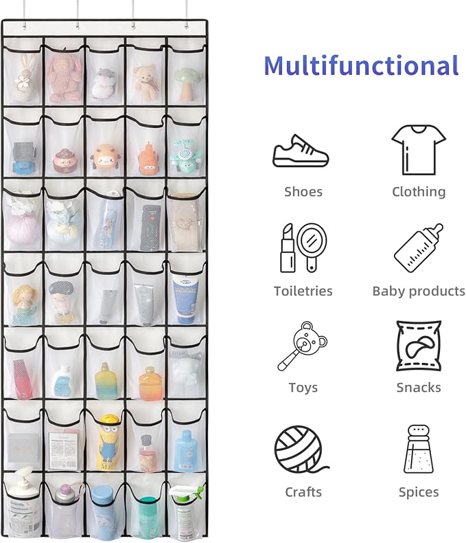 35 Pockets Over the Door Shoe Organizer, Hanging Shoe Organizer for Door with 35 Mesh Pockets Large Capacity Shoe Hanging Storage Bag with 4 Metal Hooks (White-1Pack)-NeatNest