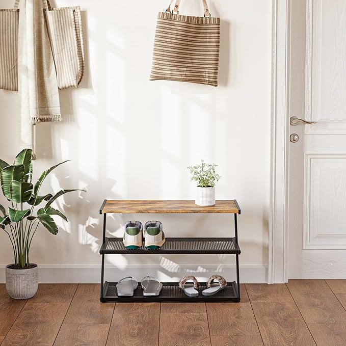 Z-Frame Shoe Rack with Wooden Top & Metal Mesh Shelves - Space-Saving Storage for Hallway, Living Room, Closet & Bedroom (24.41" x 11.02" x 16.14")-NeatNest