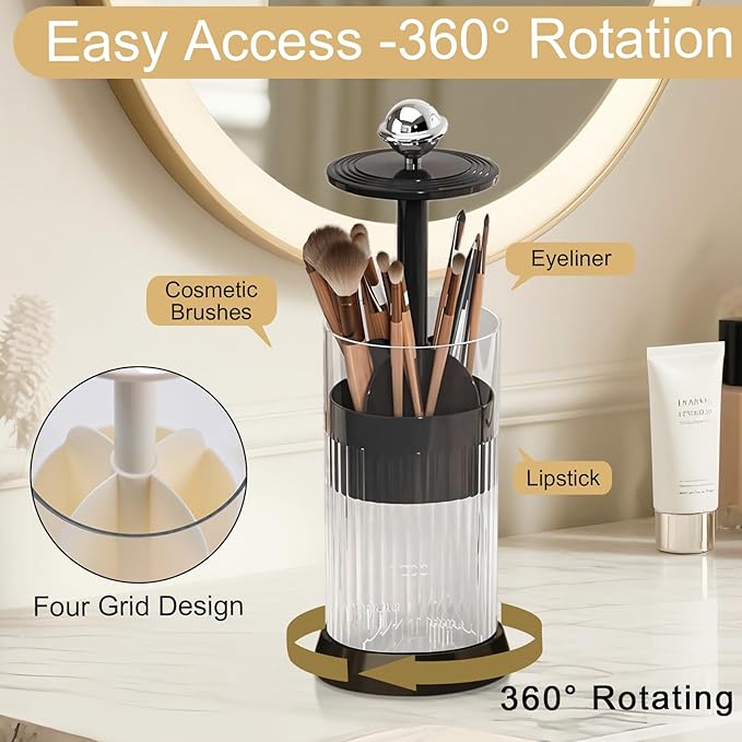 Makeup Brush Holder with Lid,One Touch Open 4 Slot Makeup Brush Case with Waterproof Dustproof, 360 Rotating Makeup Organizer for Vanity Desktop Counterto Bathroom (Black)-NeatNest