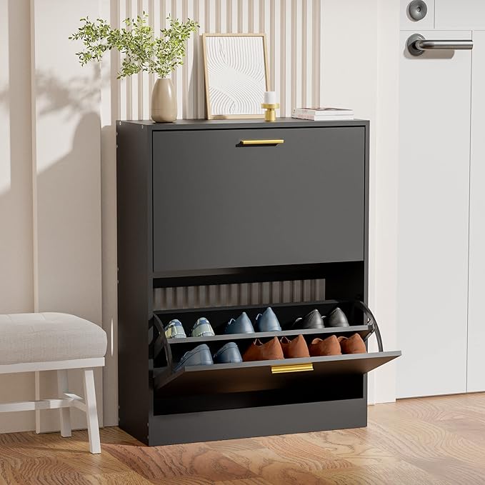 JOZZBY Shoe Cabinet for Entryway, Narrow Shoe Storage Cabinet with 2 Flip Drawers, Wooden Hidden Shoe Rack Organizer with 2 Tier Freestanding for Hallway, Living Room, Set of 2, Black-NeatNest