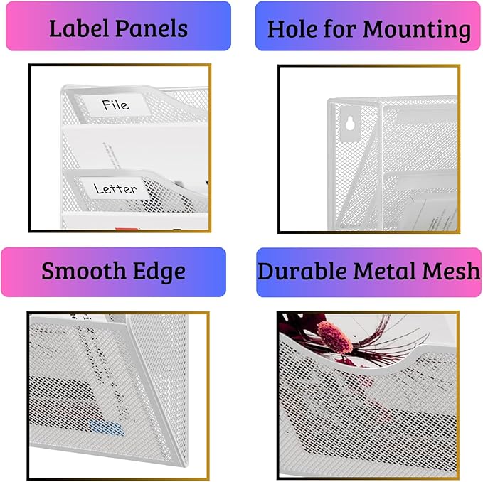3 Pocket Wall File Holder Organizer, Mesh Hanging Wall Mounted Document Paper Folder Filing Magazine Rack with Nametag Label for Office Home School, 3 Tier White