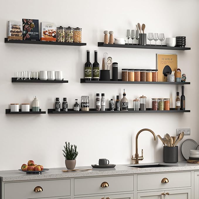 Heimlove Picture Ledge Shelf, Small Floating Shelves Set of 2, 16 Inches Picture Shelf for Wall with Ledge, Kids Bookshelf Wall Mounted for Living Room Bedroom Decor Books Photo Frames, Black-NeatNest