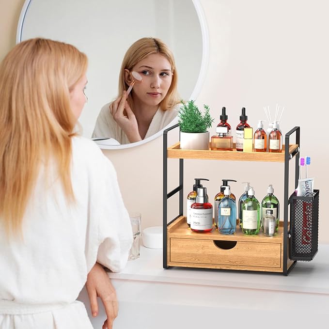 LEMIKKLE 2-Tier Bathroom Organizer with Drawers and Baskets, Multi-Purpose Makeup Organizer Countertop, Large Skincare Organizers, Exquisite Vanity Organizer,Wood-NeatNest