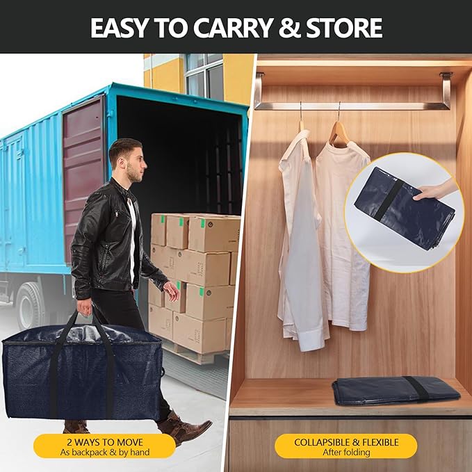 Extra Large Storage Bags Set Heavy Duty Moving Totes with Handles, Dorm Room Essentials-Way Carrying Design Dorm Room Essentials For Clothes Storage (Dark Blue, 14 Park- 4 & 10 Vacuum Bags)
