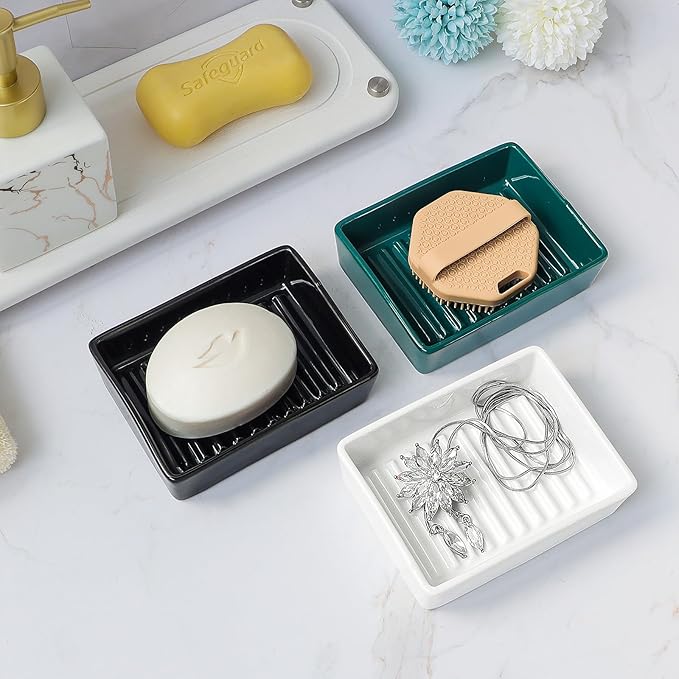 Green Soap Dish，Ceramic Soap Dishes for Sink Bathroom Shower Kitchen, Easy to Clean Keeps Soap Dry, Multi-Purpose Non-Slip Soap Tray (Dark Green)-NeatNest
