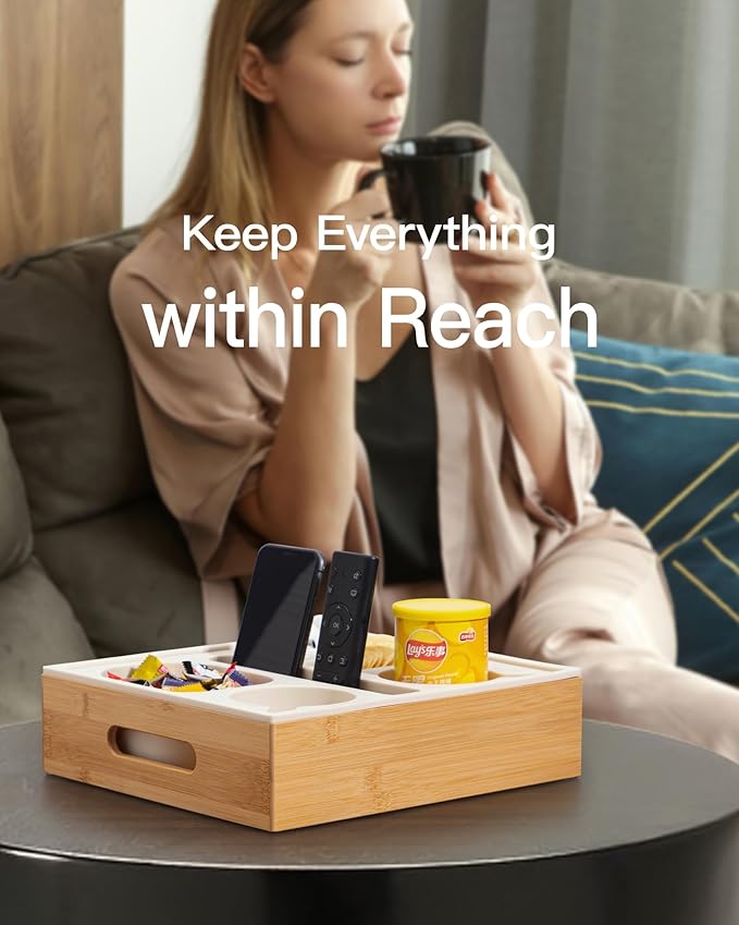 Couch Cup Holder with Lid, Silicone Bed Caddy with Cup Holder, Bed Organizer for Drinks, Snacks, Remotes, Bamboo Couch Caddy for Sofa, Bed and Car(Beige)-NeatNest