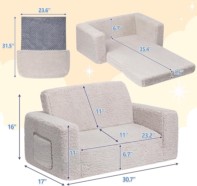 ALIMORDEN Fold Out Toddler Couch, Extra Wide Comfy 2-in-1 Cuddly Sherpa Sofa for Kids, with Removable Baby Friendly Blanket, Convertible Sofa to Bed, Light Grey-NeatNest