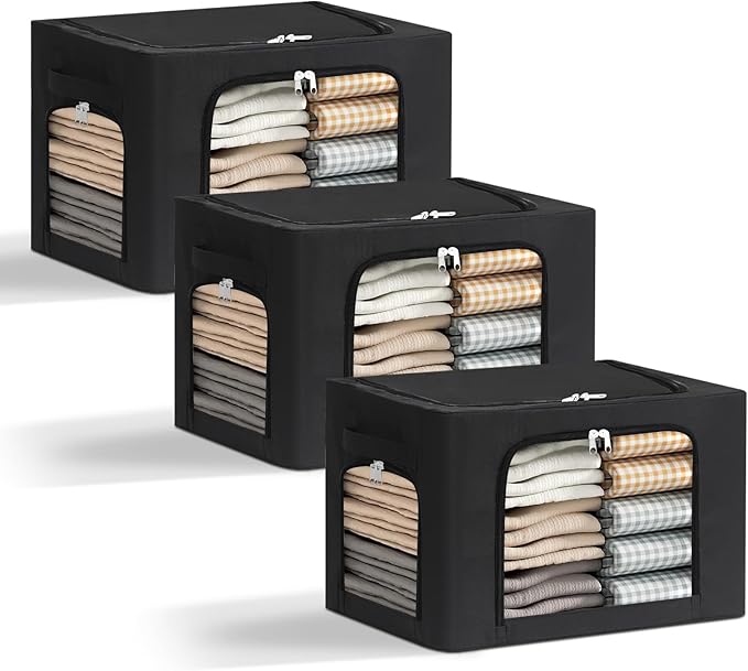 3-Pack Clothes Organizer Bins with Metal Frame, Foldable 40L Linen Storage Boxes with Lids, Clear Windows, Zippers & Durable Handles (Black)-NeatNest
