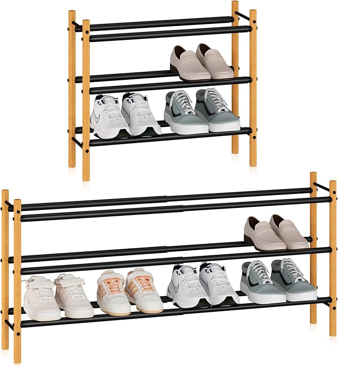 STORAGE MANIAC Expandable Shoe Rack, 16 Pairs Stackable Small Shoe Rack, Metal Adjustable Shoes Organizer for Closet, Entryway, Hallway, Garage, Front Door, Shoes Shelves, Bamboo 4 Tier-NeatNest
