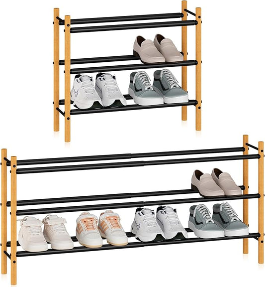 STORAGE MANIAC Expandable Shoe Rack, 16 Pairs Stackable Small Shoe Rack, Metal Adjustable Shoes Organizer for Closet, Entryway, Hallway, Garage, Front Door, Shoes Shelves, Bamboo 4 Tier-NeatNest