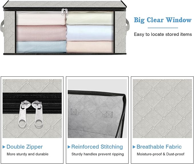 HomeHacks Storage 8-Pack Clothes Organizer Storage Bags Foldable Storage Box with Large Clear Window Sturdy Handles for Closet, Dorm, Pillows, Bedding, Clothes, Blankets, 35L, Ivory-NeatNest