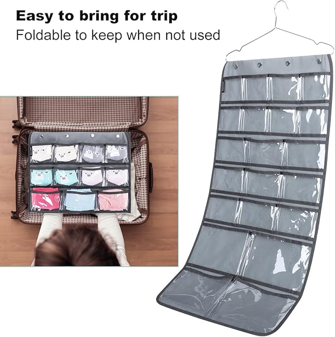 Dual Sided Hanging Organizer for Jewelry Makeup Storage Closet Organizers for Bows Socks Underwear with 42 Clear Pockets (GREY)-NeatNest