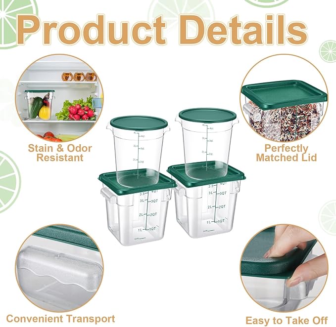 4 Pcs Food Storage Container with Lids Set 4 Qt Square and Round Clear PC Commercial Containers with Scale Handle for Home Restaurant Kitchen Food Storage, Dough Rise, Flour(Green)