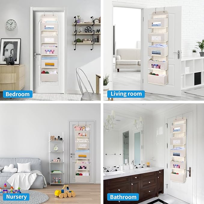 5-Shelf Over The Door Hanging Organizer with 2 Metal Hooks，5 Pocket Over The Door Wall Mount Storage with Clear Windows for Baby Nursery Bathroom Closet,Bedroom,Dorm(Beige-2 Pack)-NeatNest